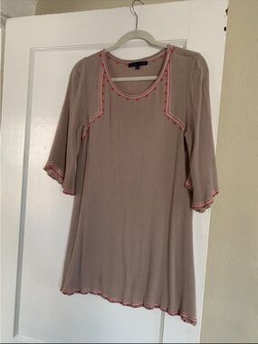 Bell Sleeve Beige Tunic Mini Dress with Magenta Embroidered Trim